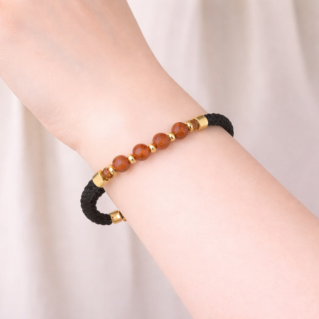 Black Thread & Brown Stone Bracelet - 925 Silver Gold Plated