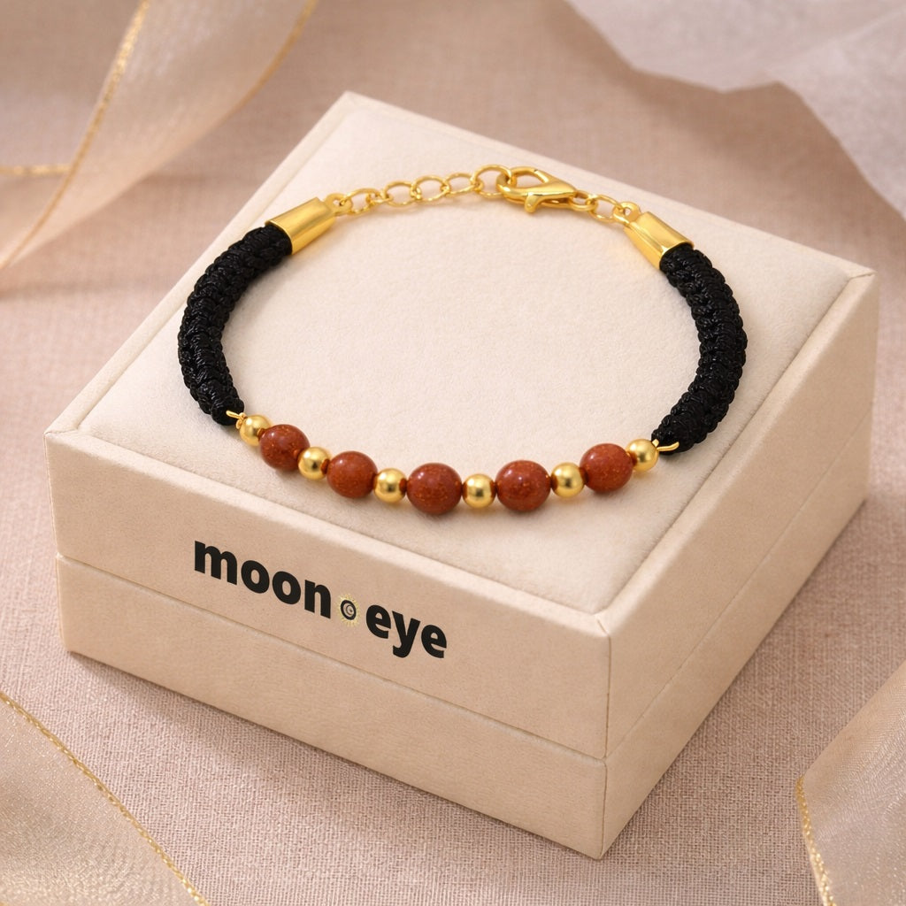 Black Thread & Brown Stone Bracelet - 925 Silver Gold Plated