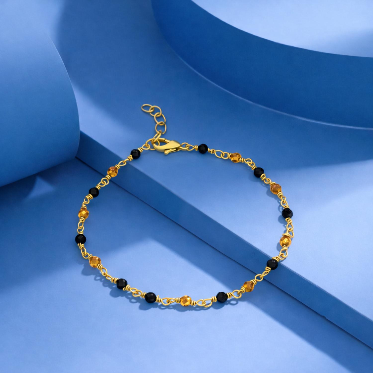 Black & Gold Beaded Charm Bracelet - 925 Silver Gold Plated