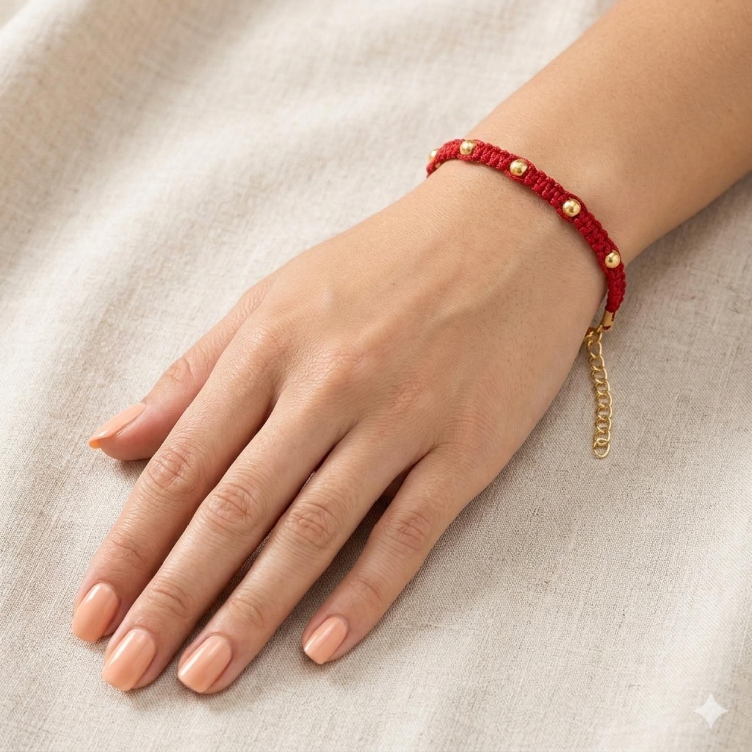 Red Thread Bead Bracelet - 925 Silver Gold Plated