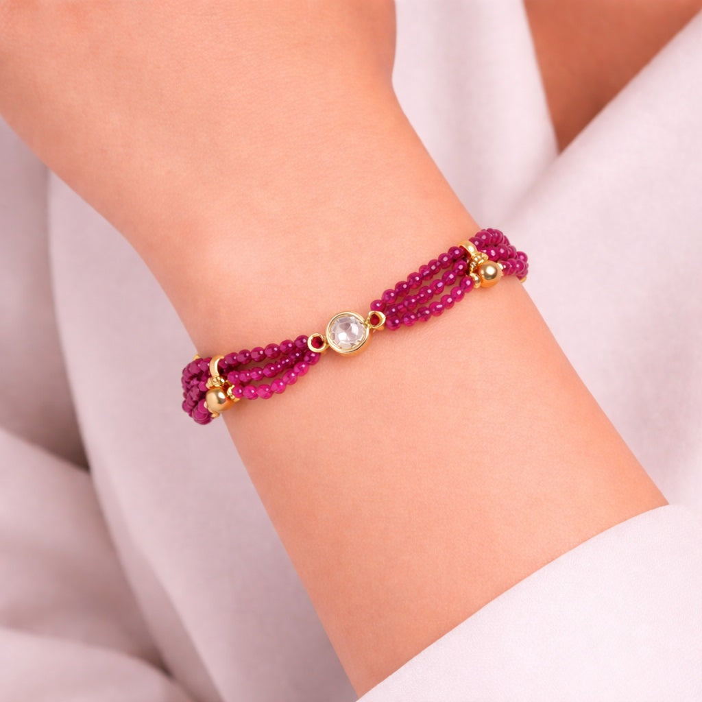Pink Beaded Bracelet - 925 Silver Gold Plated