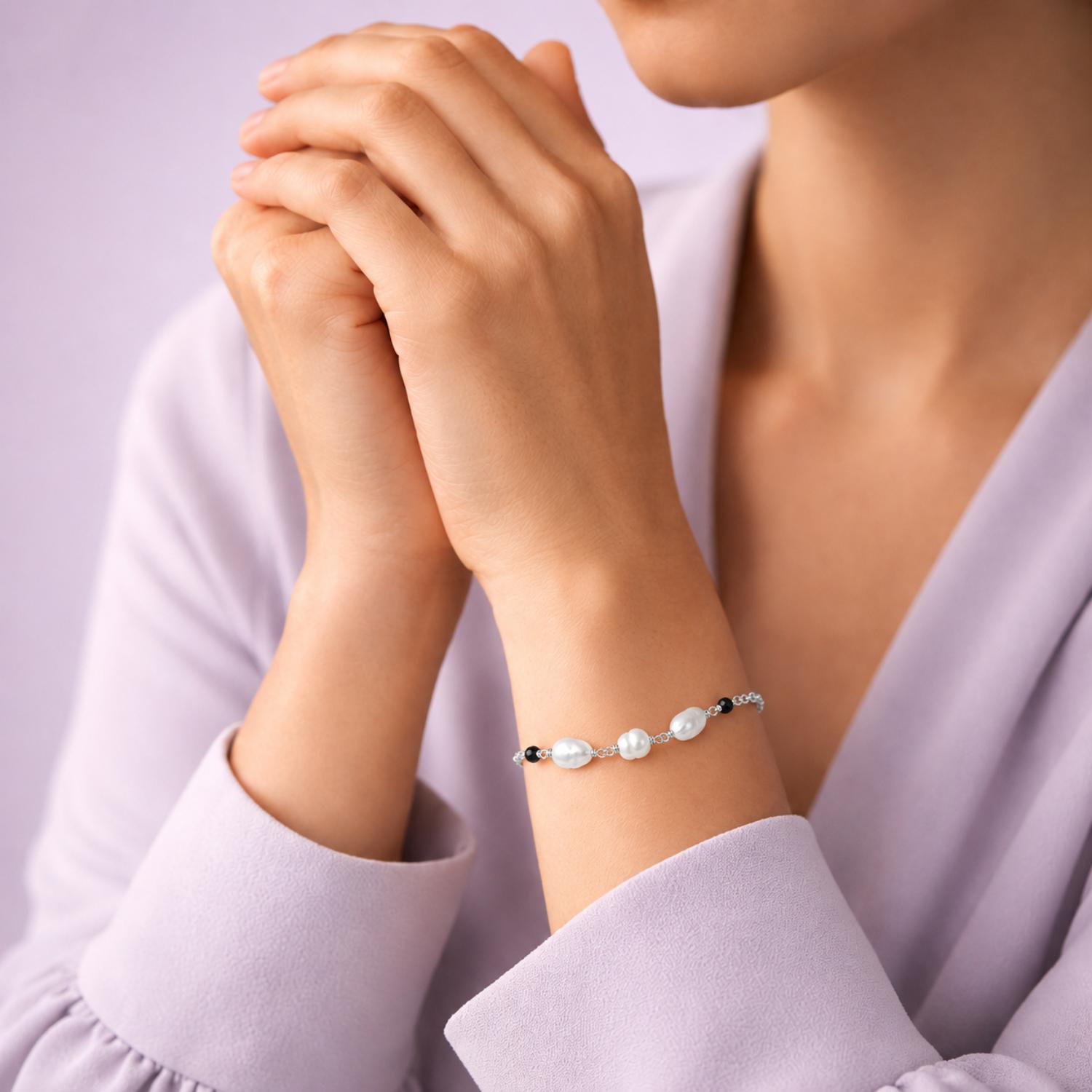 Freshwater Pearl & Black Spinel Bracelet - 925 Sterling Silver