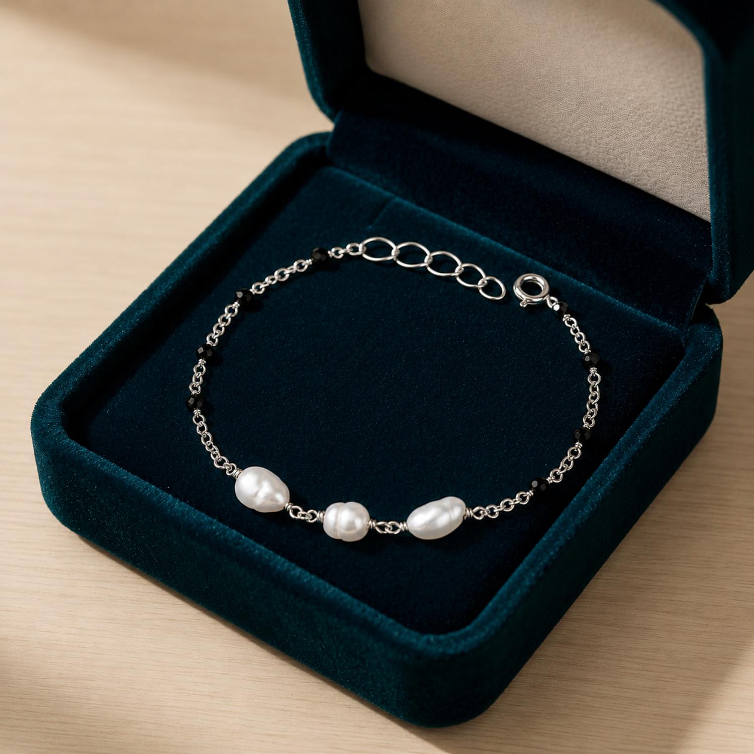 Freshwater Pearl & Black Spinel Bracelet - 925 Sterling Silver