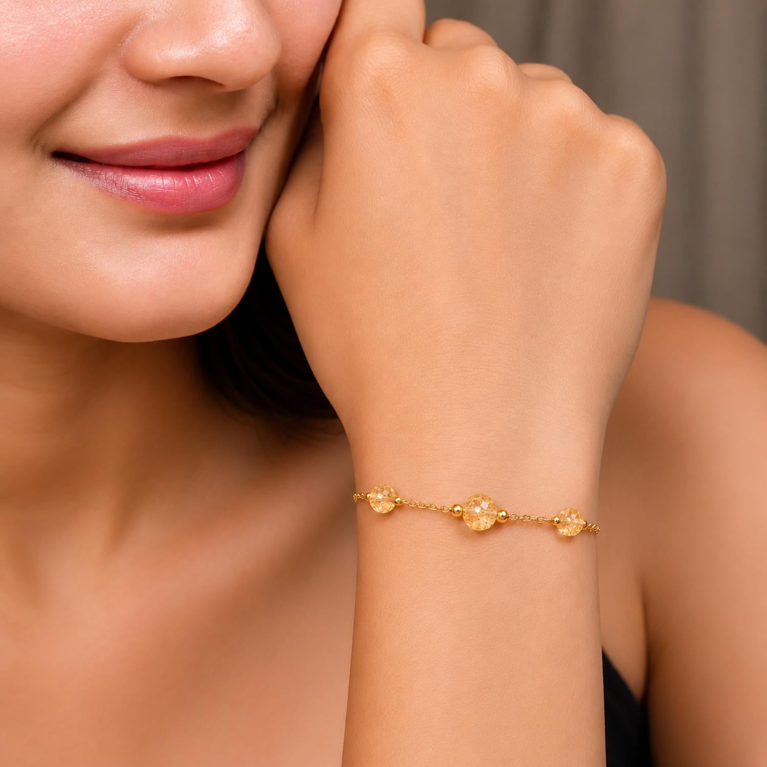 Gold Plated Citrine Bead Station Adjustable Chain Bracelet - 925 Sterling Silver