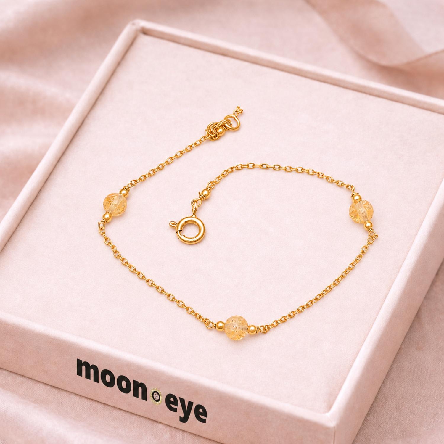 Gold Plated Citrine Bead Station Adjustable Chain Bracelet - 925 Sterling Silver