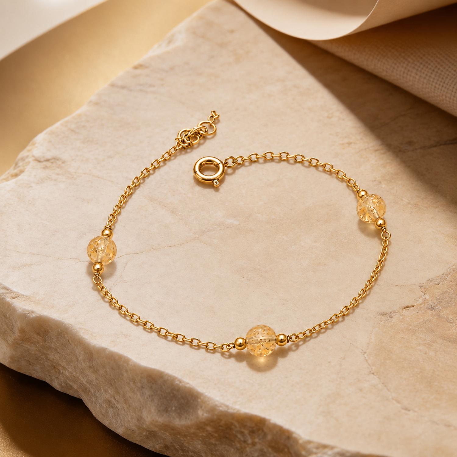 Gold Plated Citrine Bead Station Adjustable Chain Bracelet - 925 Sterling Silver
