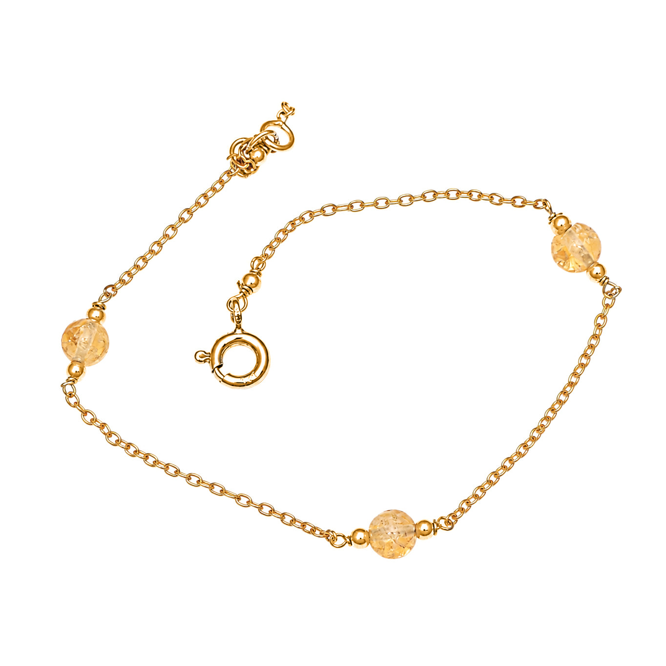 Gold Plated Citrine Bead Station Adjustable Chain Bracelet - 925 Sterling Silver