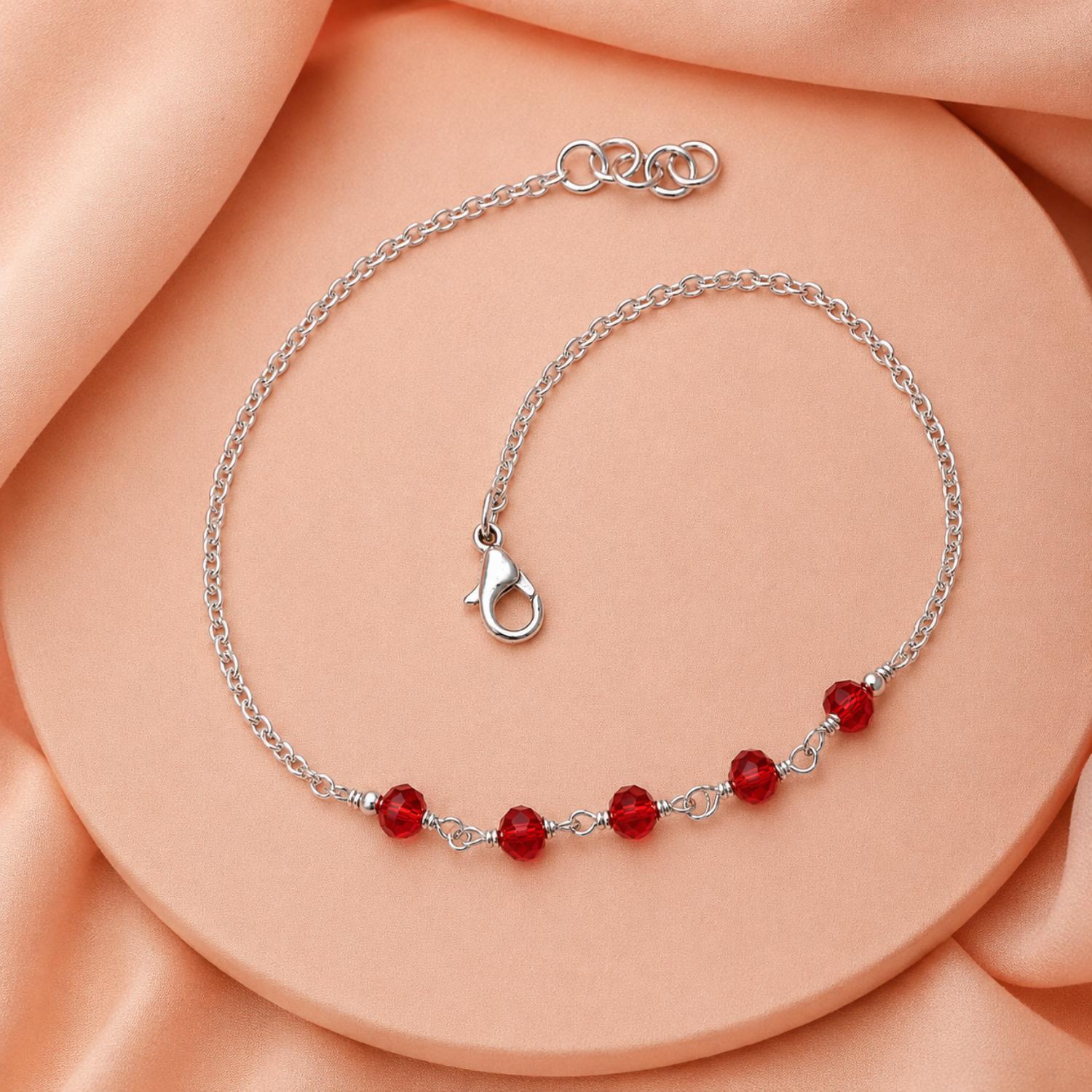 Red Crystal Bead Adjustable Chain Bracelet - 925 Sterling Silver