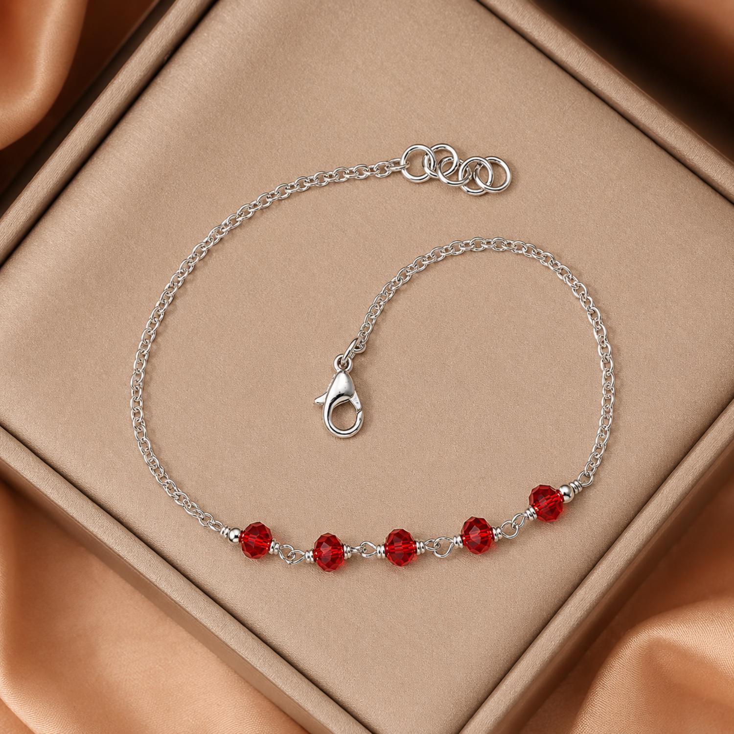 Red Crystal Bead Adjustable Chain Bracelet - 925 Sterling Silver