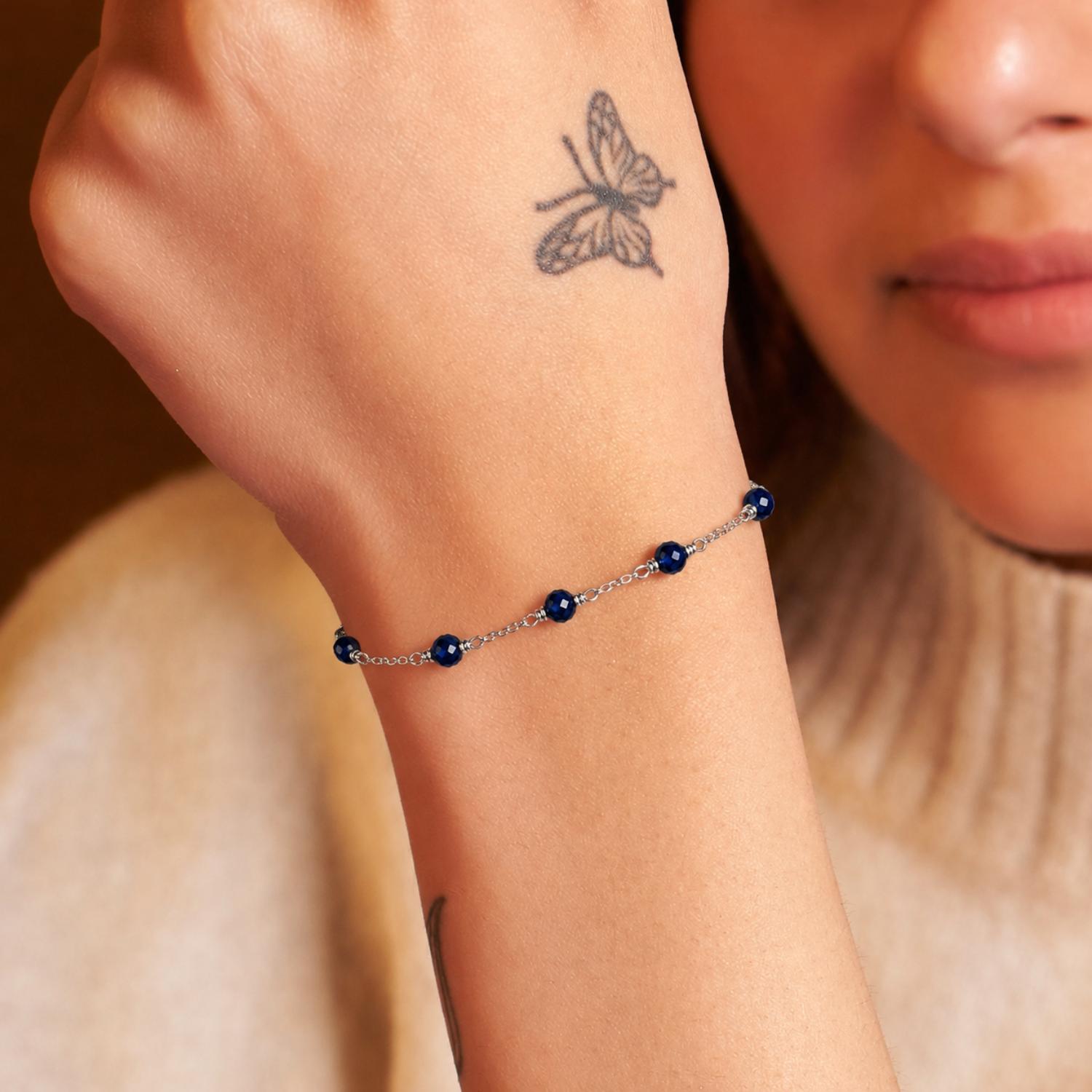 925 Sterling Silver Blue Crystal Bead Chain Bracelet - 925 Sterling Silver