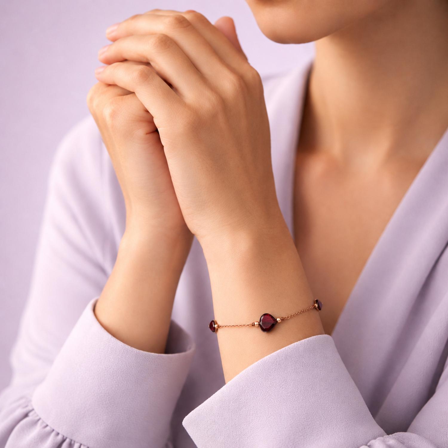 Rose Gold Plated Garnet Heart Bead Bracelet - 925 Sterling Silver