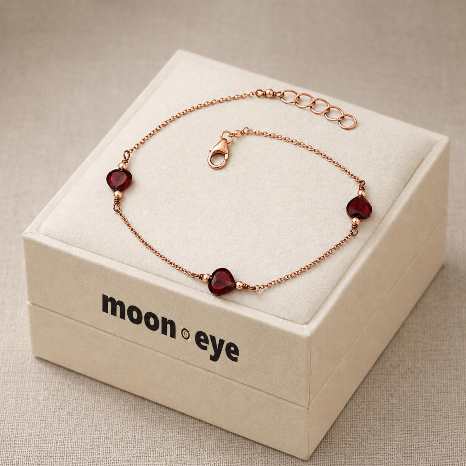 Rose Gold Plated Garnet Heart Bead Bracelet - 925 Sterling Silver