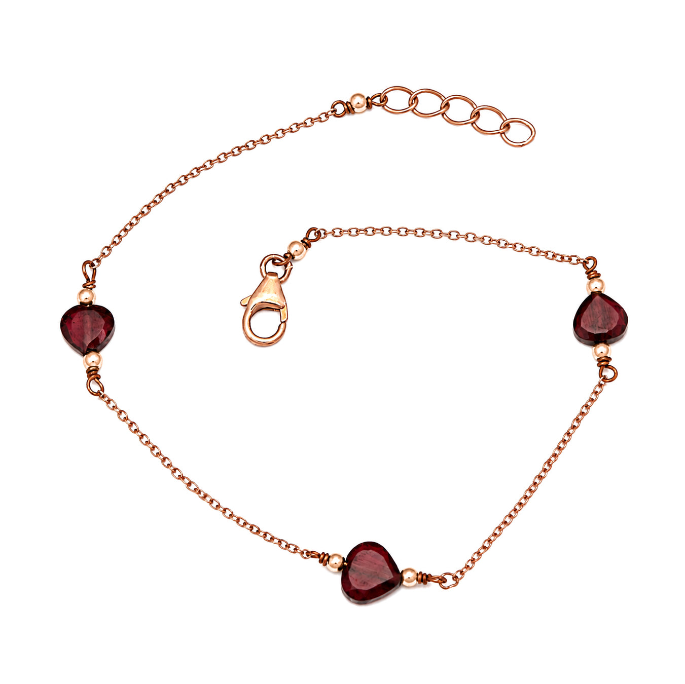 Rose Gold Plated Garnet Heart Bead Bracelet - 925 Sterling Silver
