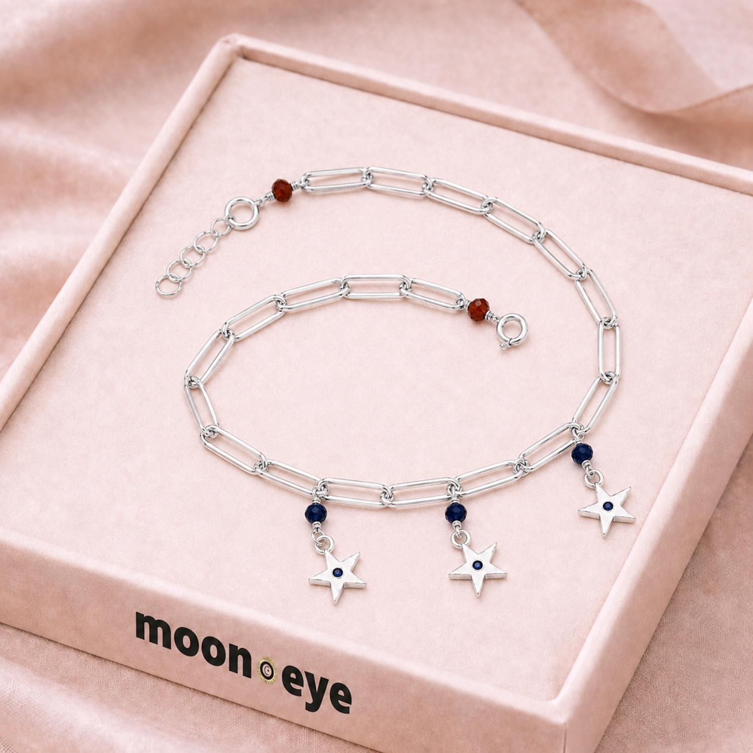 Blue Crystal Star Charm Adjustable Bracelet - 925 Sterling Silver
