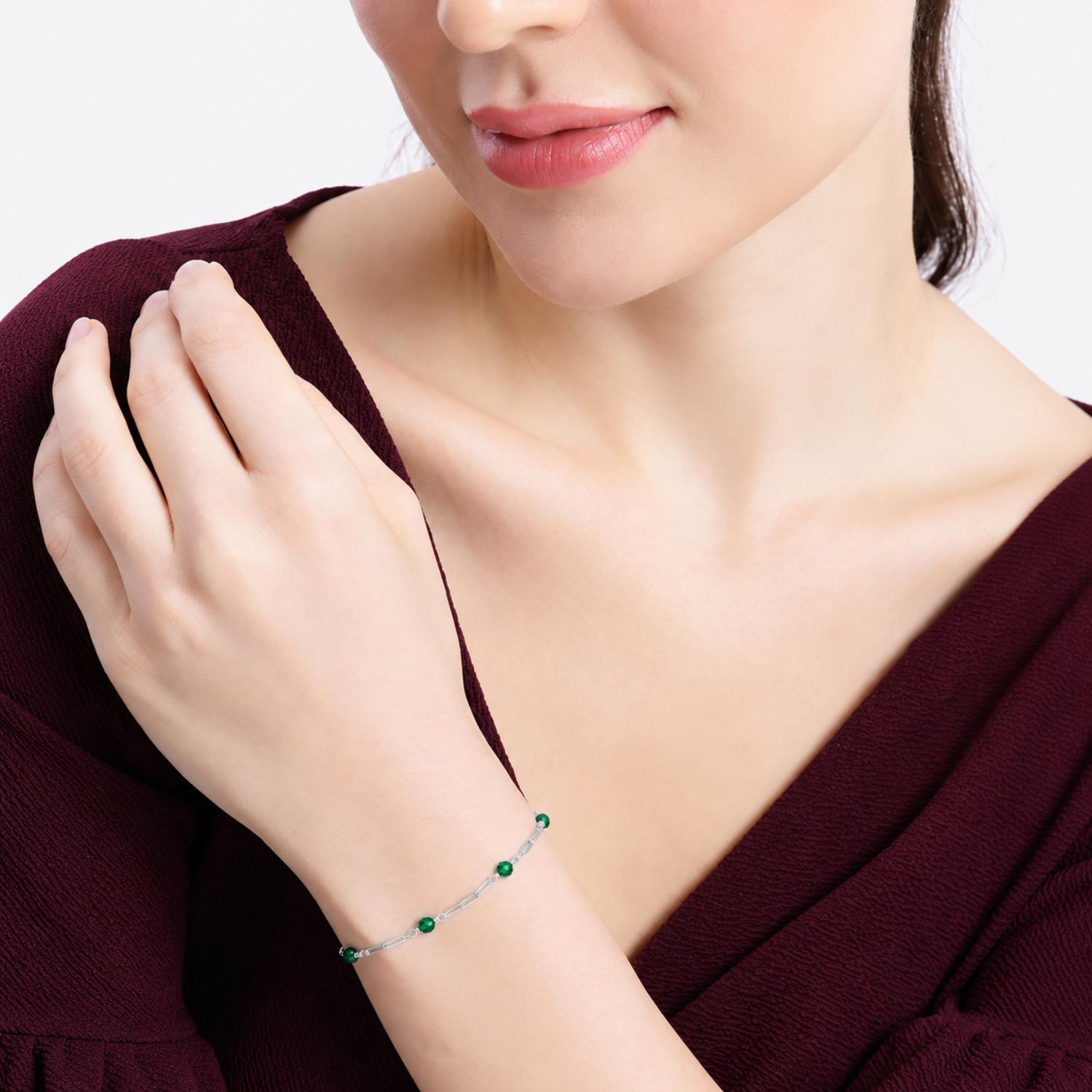 Green Crystal Bead Chain Bracelet - 925 Sterling Silver