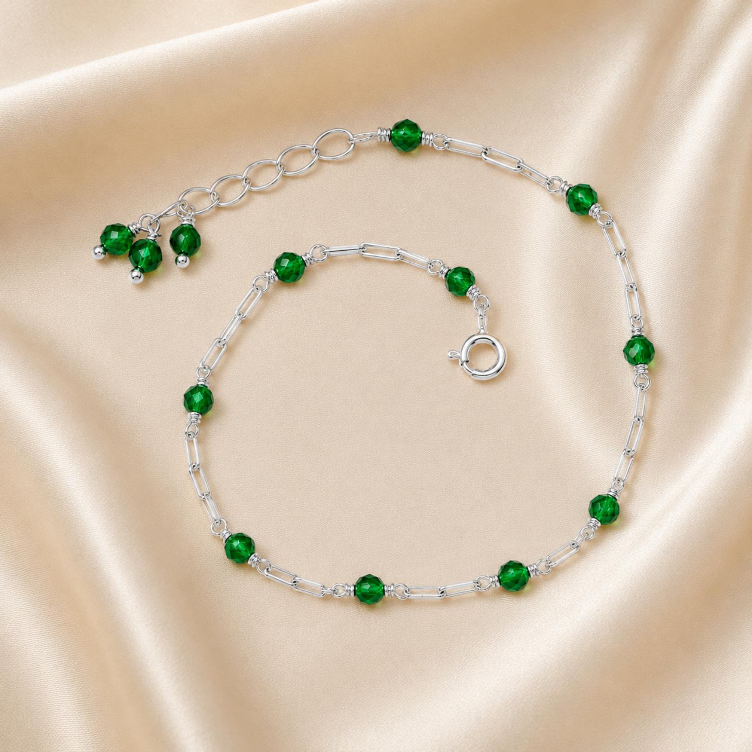 Green Crystal Bead Chain Bracelet - 925 Sterling Silver