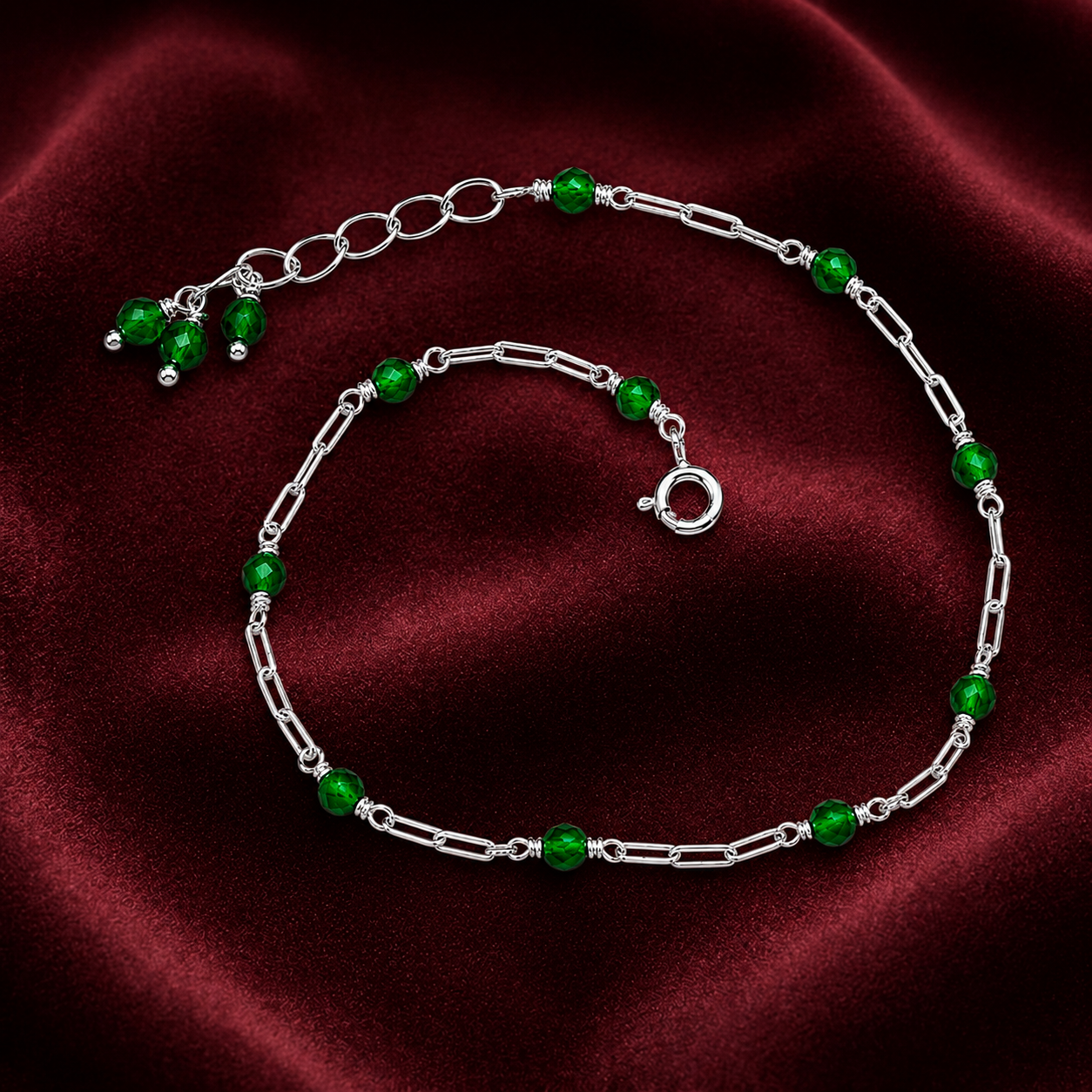 Green Crystal Bead Chain Bracelet - 925 Sterling Silver