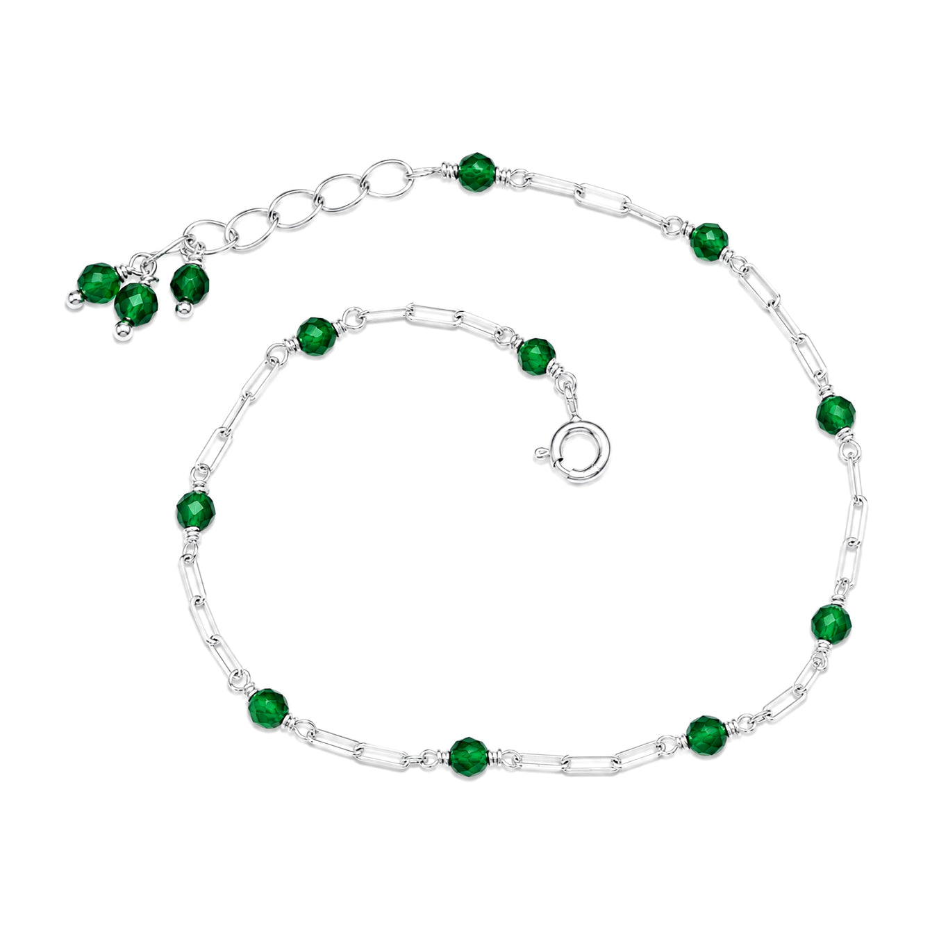 Green Crystal Bead Chain Bracelet - 925 Sterling Silver