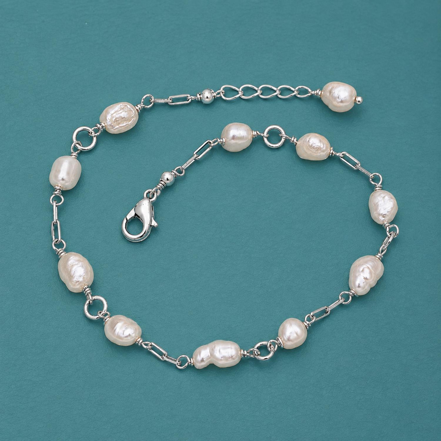Freshwater Pearl Chain Bracelet - 925 Sterling Silver