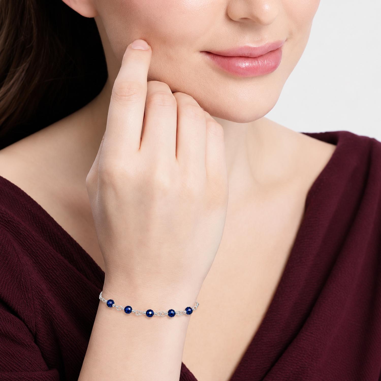 Blue Crystal Adjustable Chain Bracelet - 925 Sterling Silver