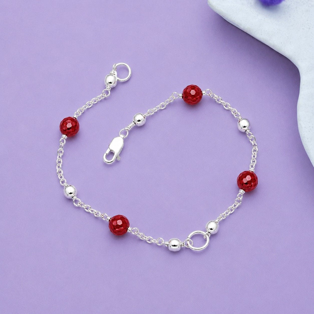 Red Crystal Bead Chain Bracelet - 925 Sterling Silver