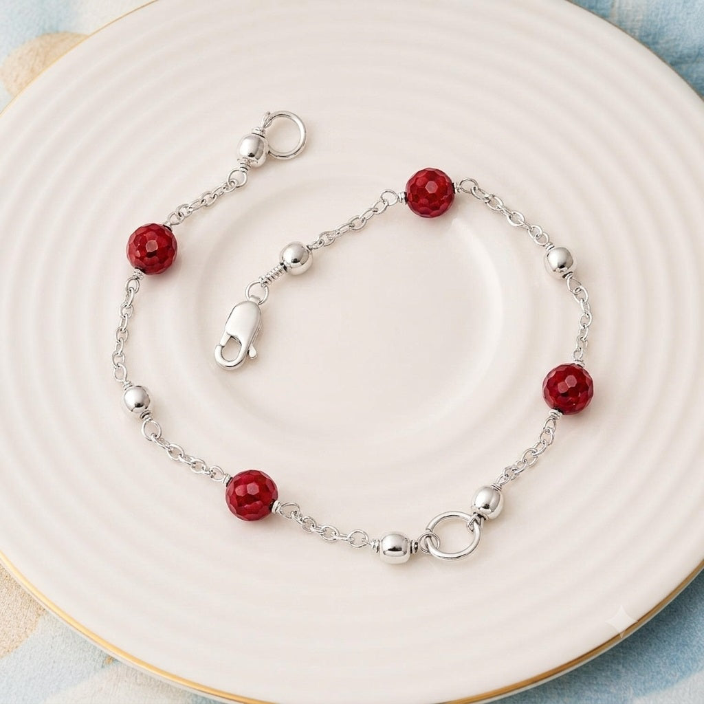 Red Crystal Bead Chain Bracelet - 925 Sterling Silver