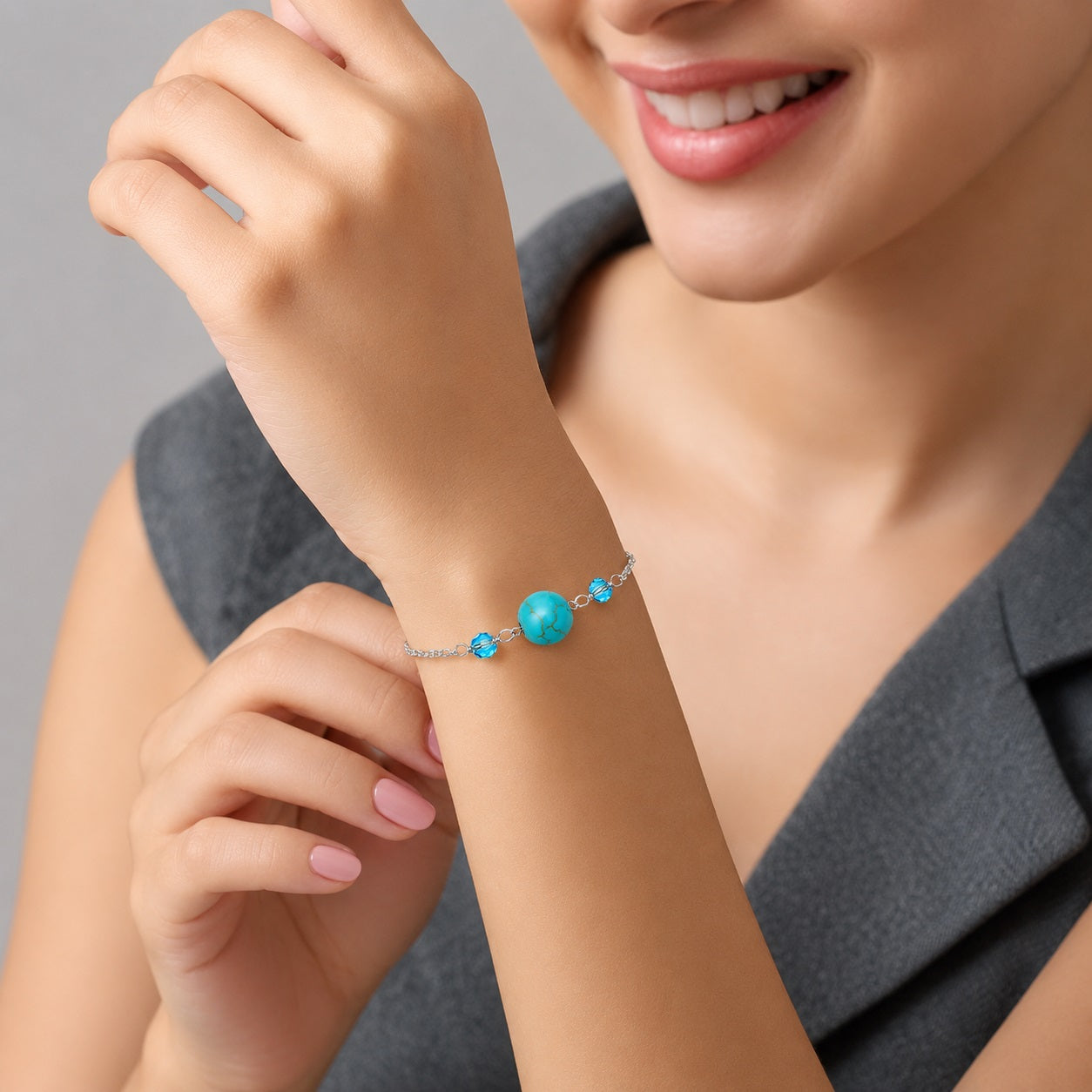 Turquoise & Blue Crystal Chain Bracelet - -925 Sterling Silver
