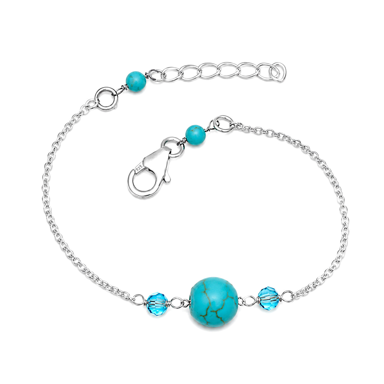 Turquoise & Blue Crystal Chain Bracelet - -925 Sterling Silver