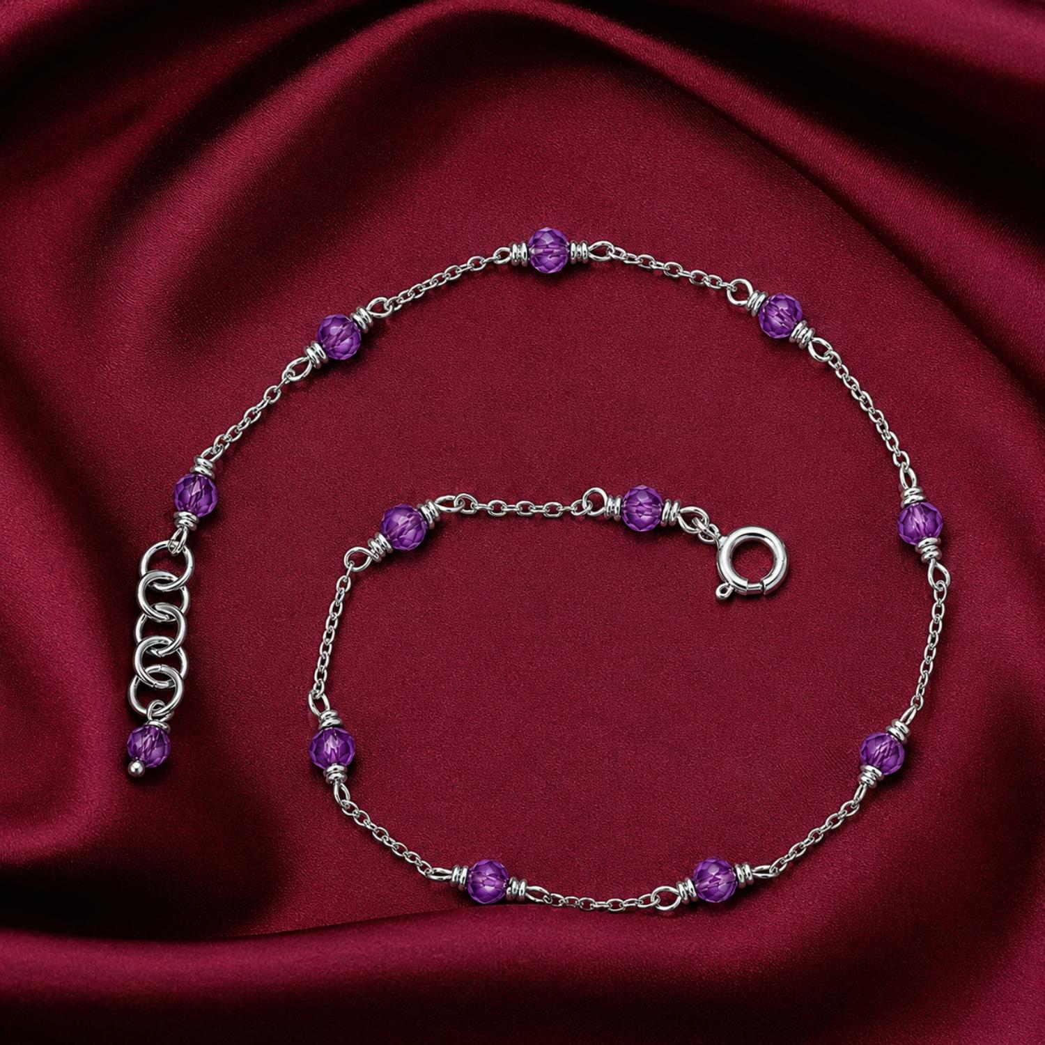 Amethyst Crystal Bead Chain Bracelet - 925 Sterling Silver