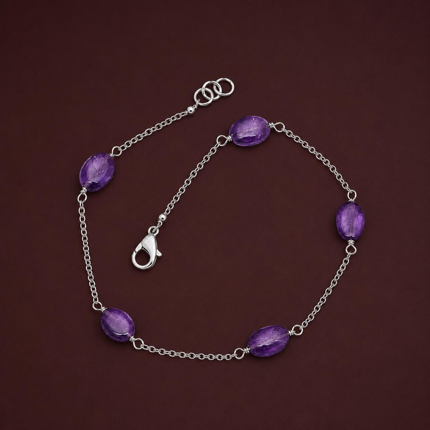 925 Sterling Silver Oval Amethyst Bead Bracelet – 925 Sterling Silver