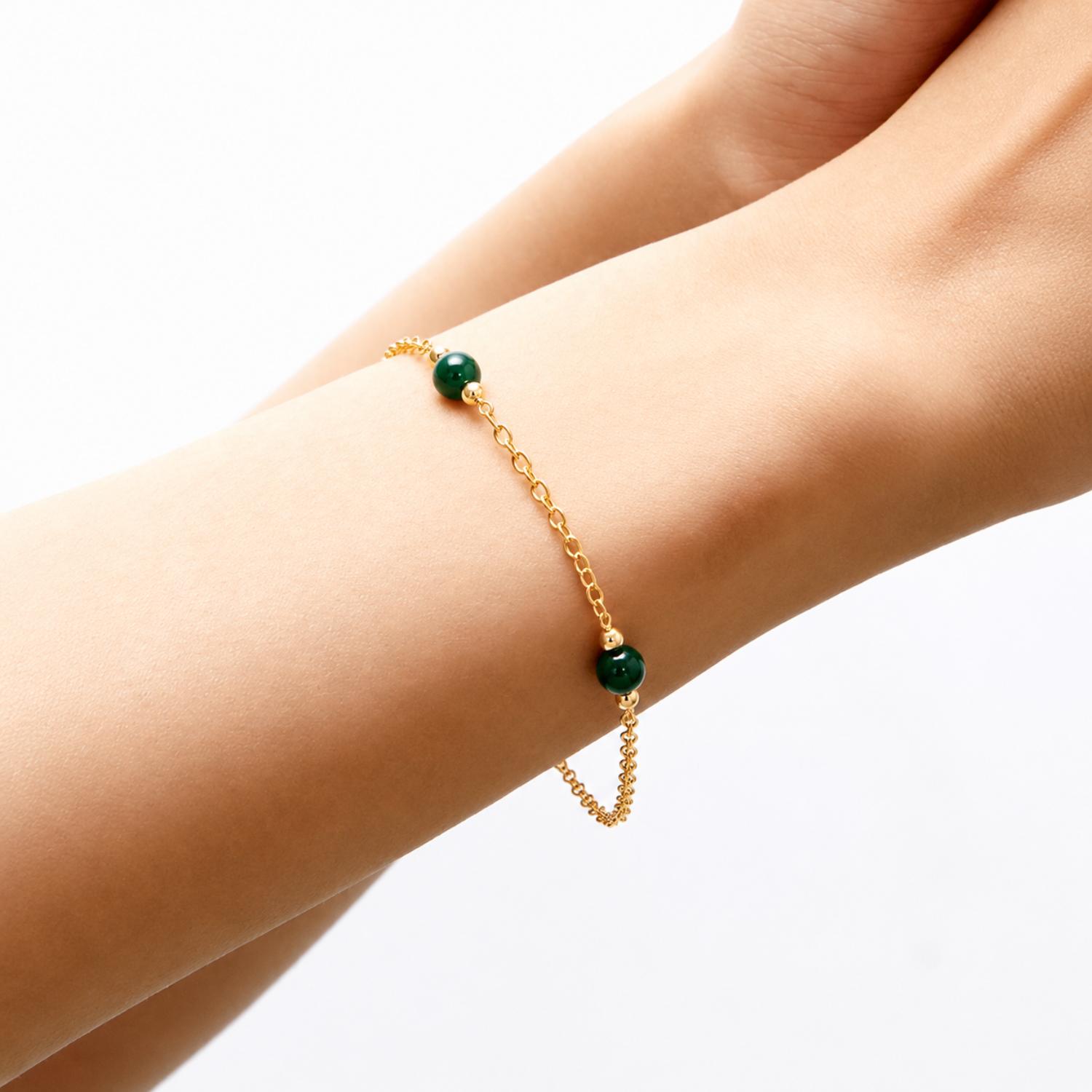 Green Beads Adjustable Chain Bracelet - Gold Plated 925 Silver
