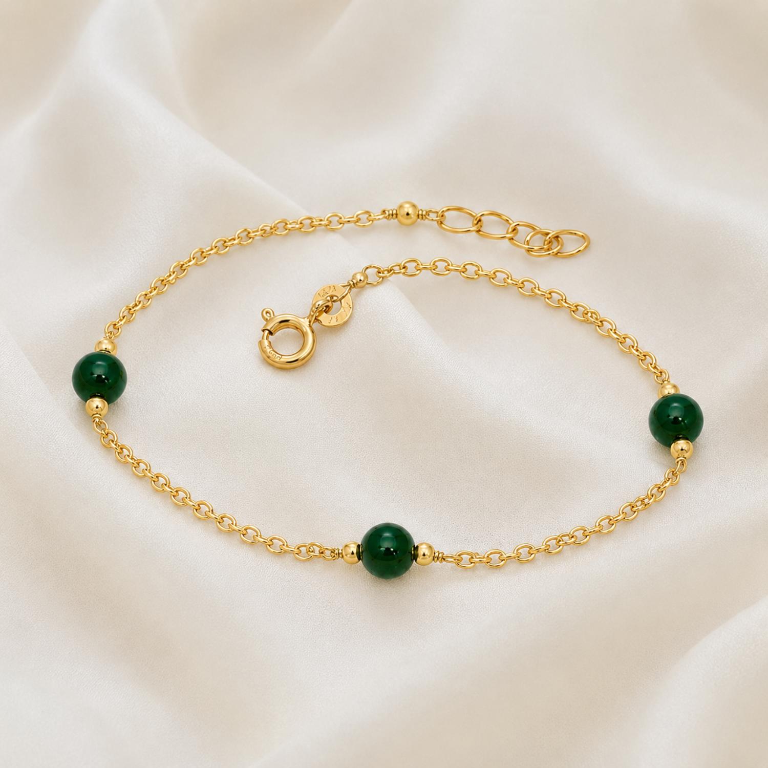 Green Beads Adjustable Chain Bracelet - Gold Plated 925 Silver