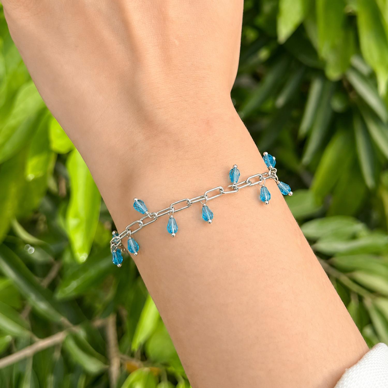 Blue Crystal Charm Adjustable Bracelet - 925 Silver