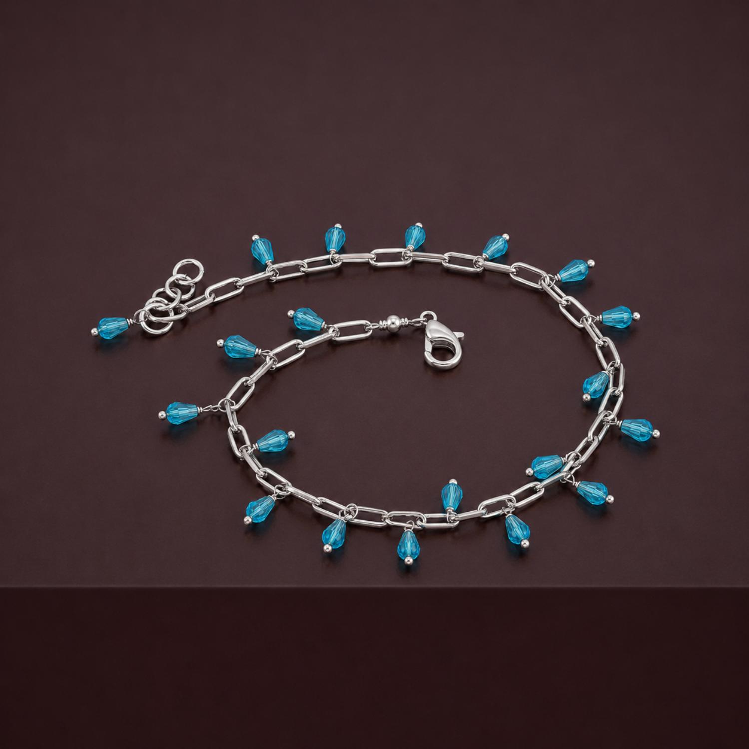 Blue Crystal Charm Adjustable Bracelet - 925 Silver