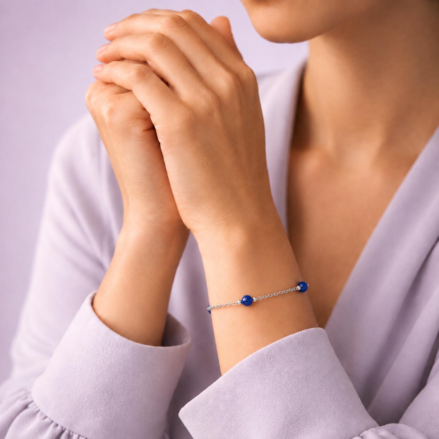 Blue Agate Bead Chain Bracelet - 925 Sterling Silver