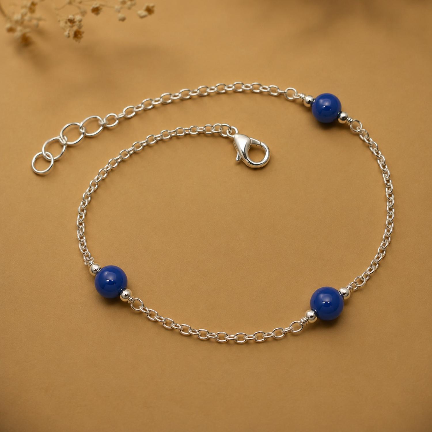 Blue Agate Bead Chain Bracelet - 925 Sterling Silver