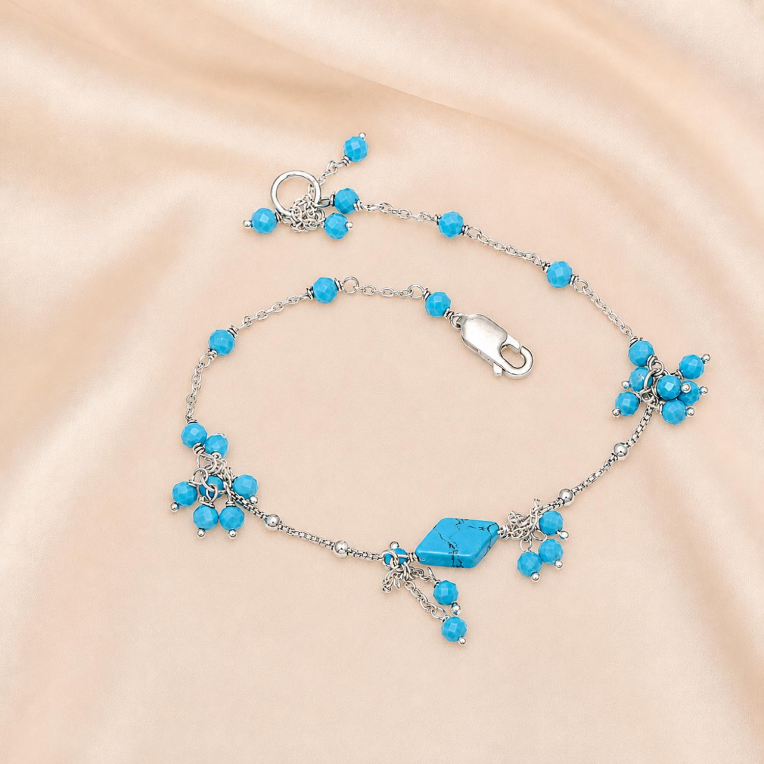 Turquoise & Blue Crystal Charm Bracelet - 925 Sterling Silver