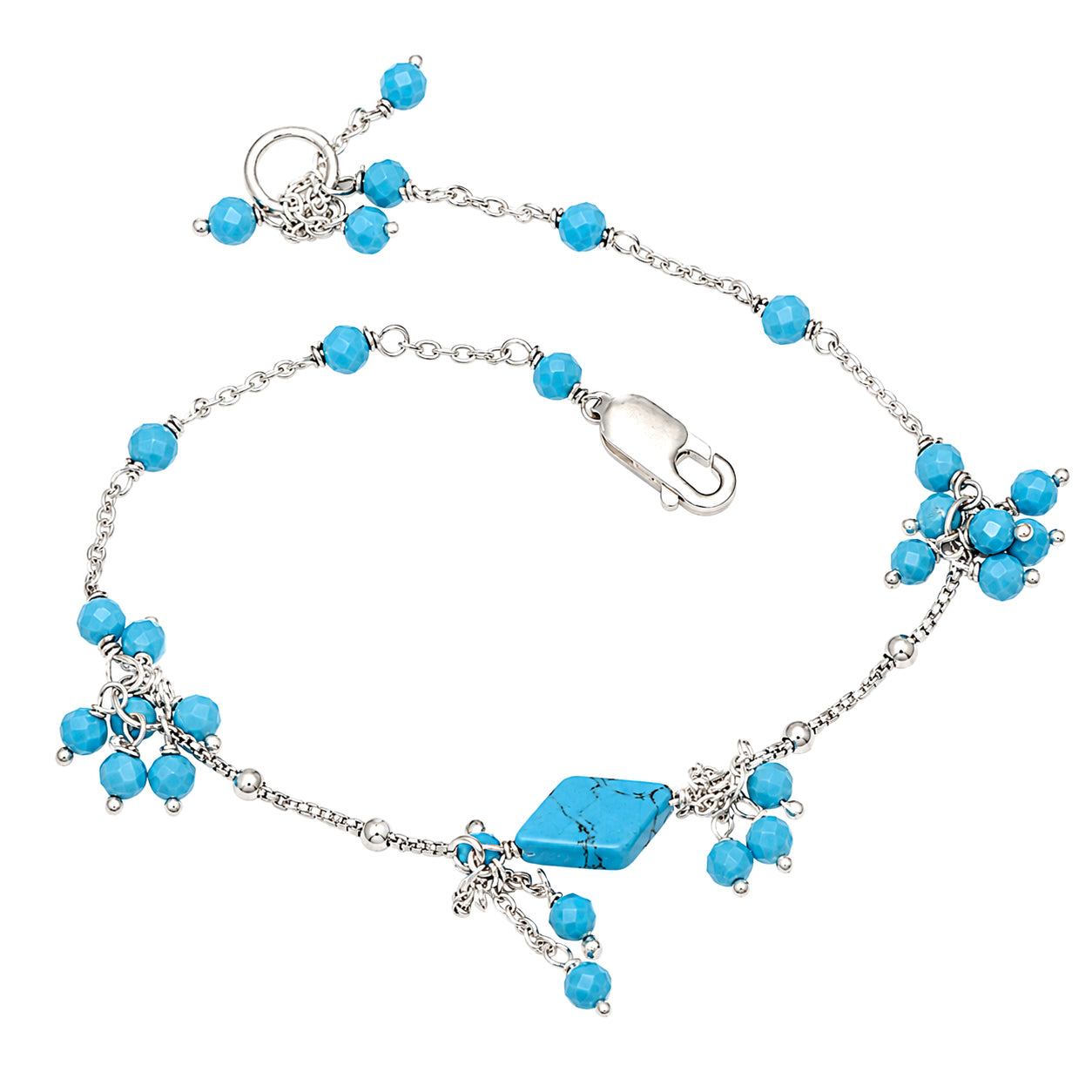 Turquoise & Blue Crystal Charm Bracelet - 925 Sterling Silver