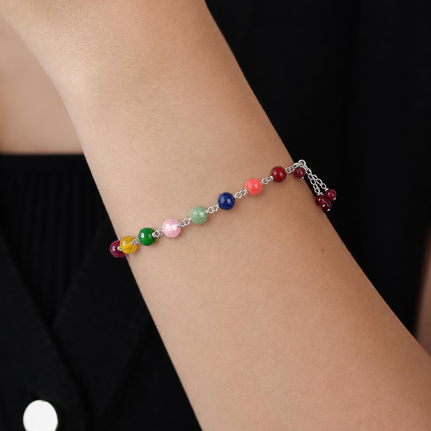 Multi-Gemstone Bead Chain Bracelet - 925 Sterling Silver
