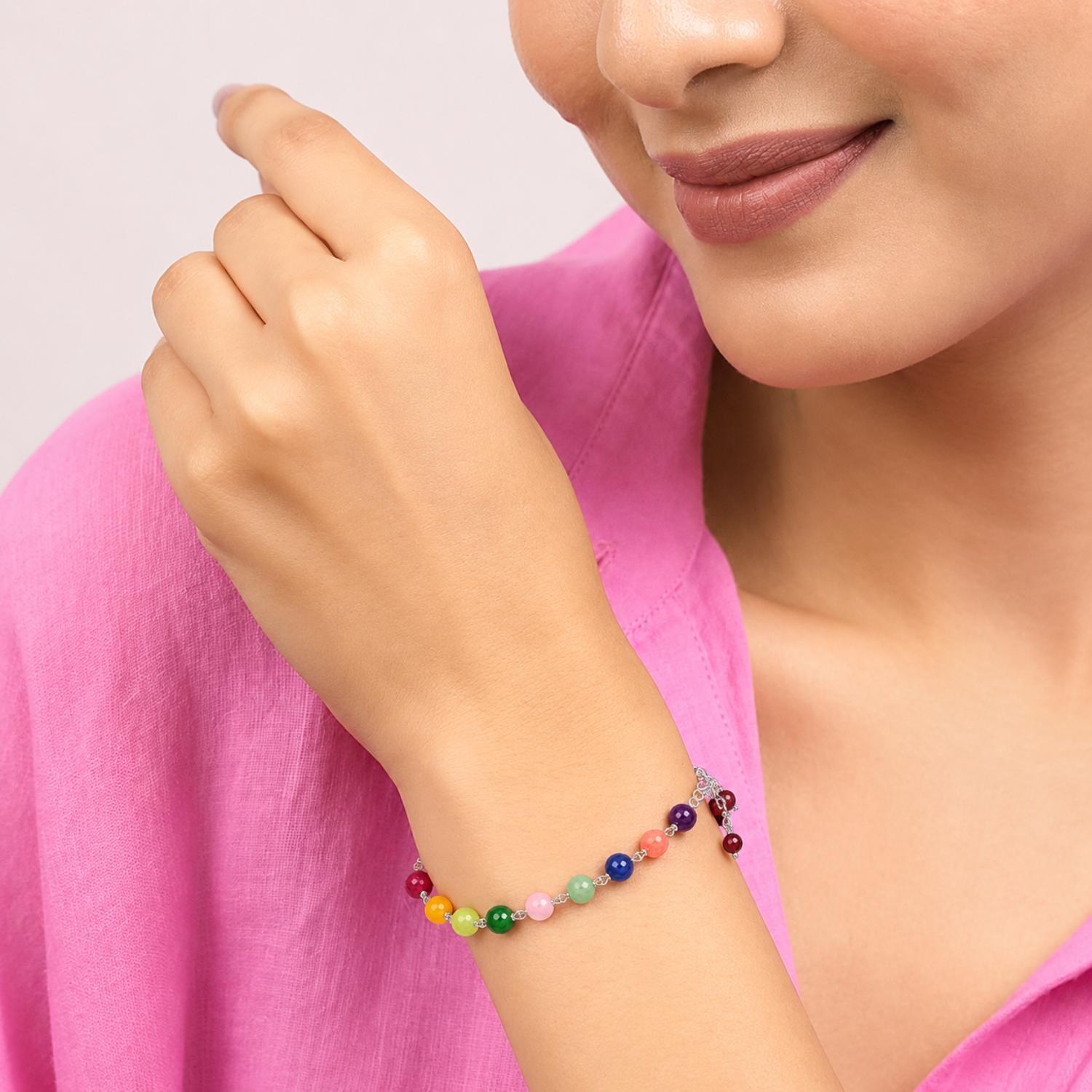 Multi-Gemstone Bead Chain Bracelet - 925 Sterling Silver