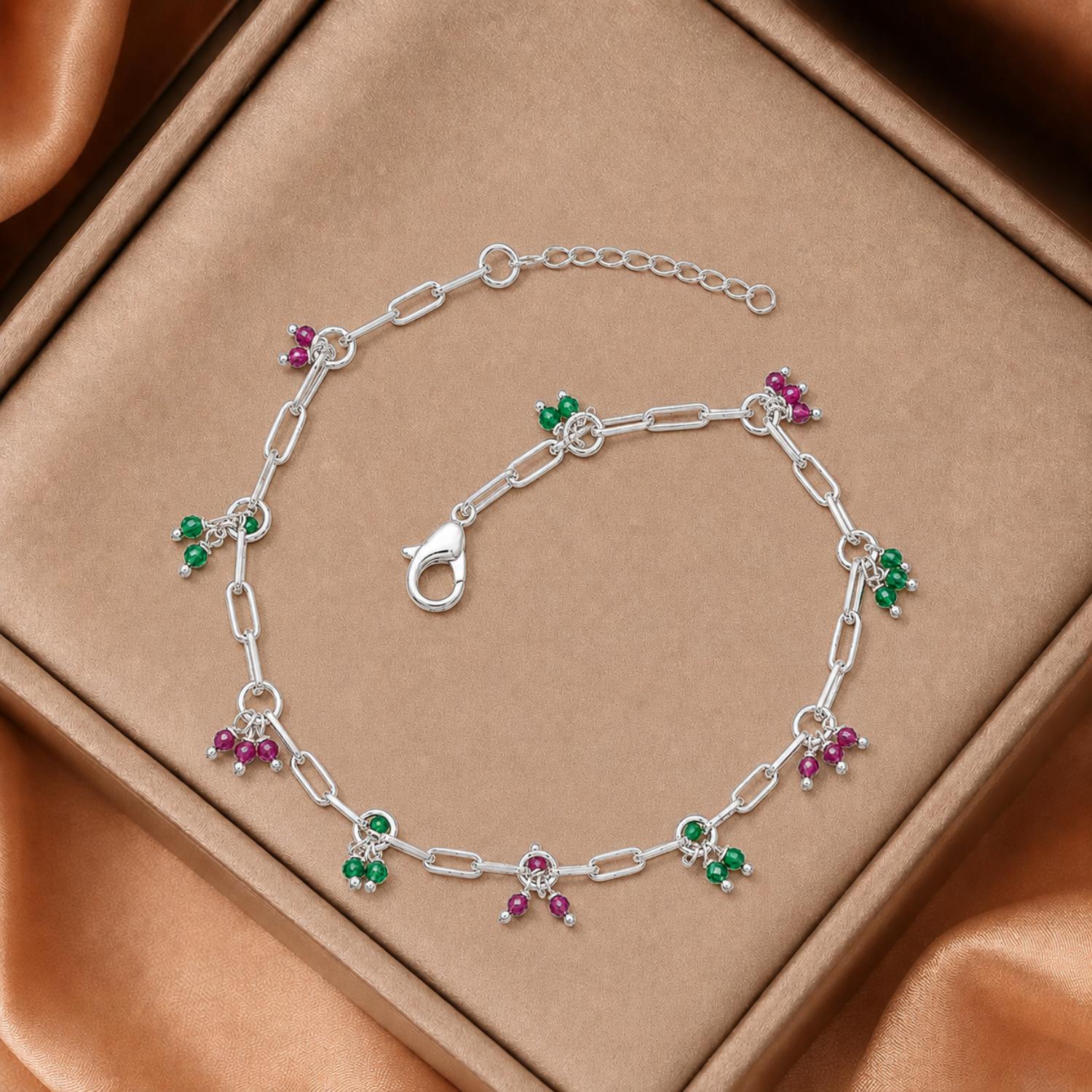Pink & Green Beaded Charm Bracelet - 925 Sterling Silver