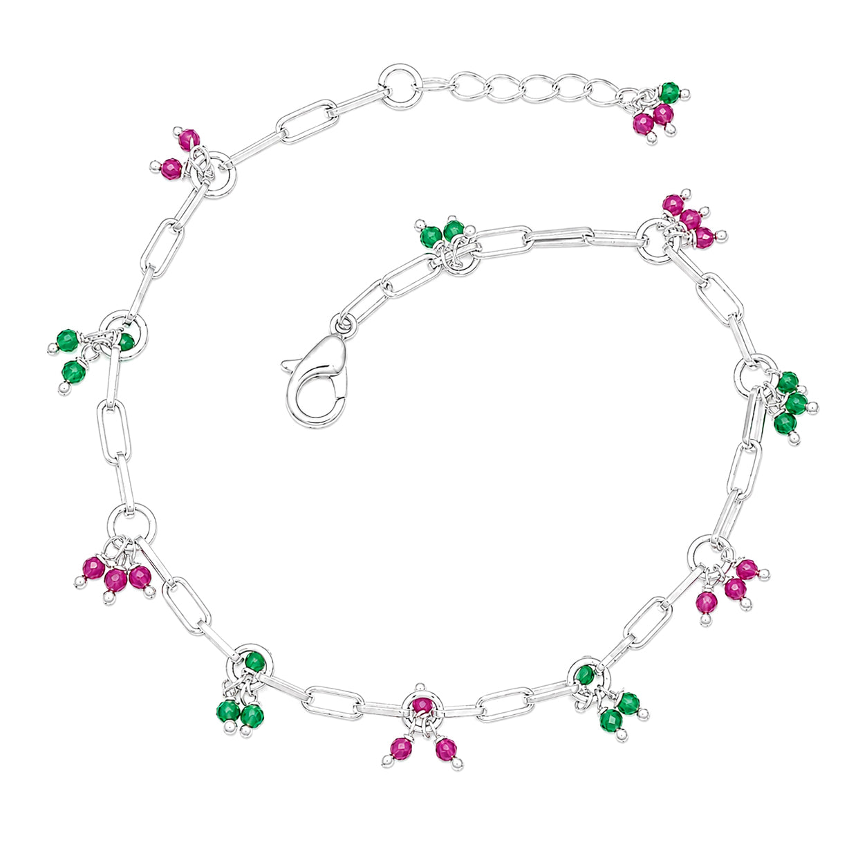 Pink & Green Beaded Charm Bracelet - 925 Sterling Silver
