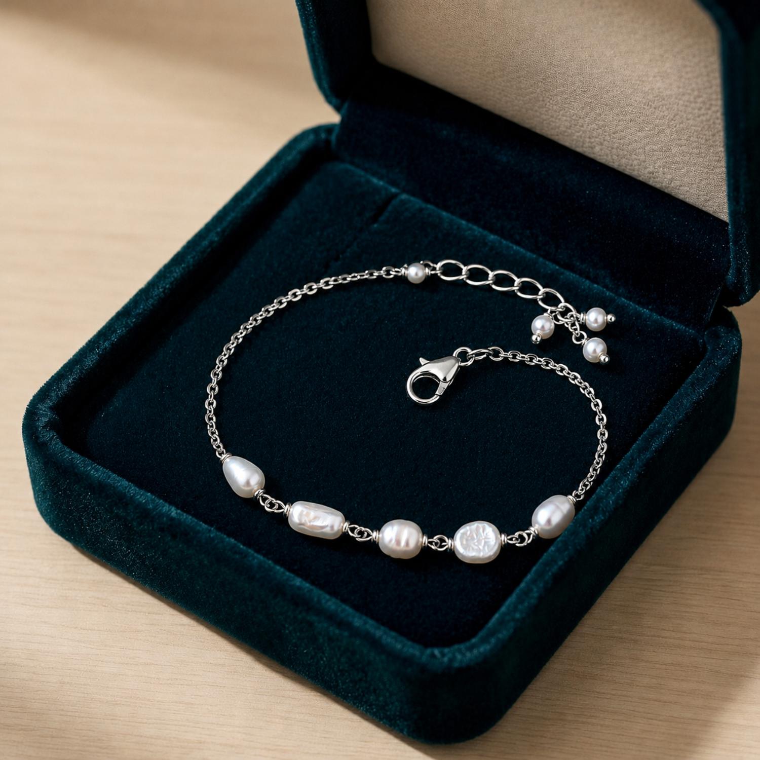 Freshwater Pearl Adjustable Chain Bracelet - 925 Sterling Silver