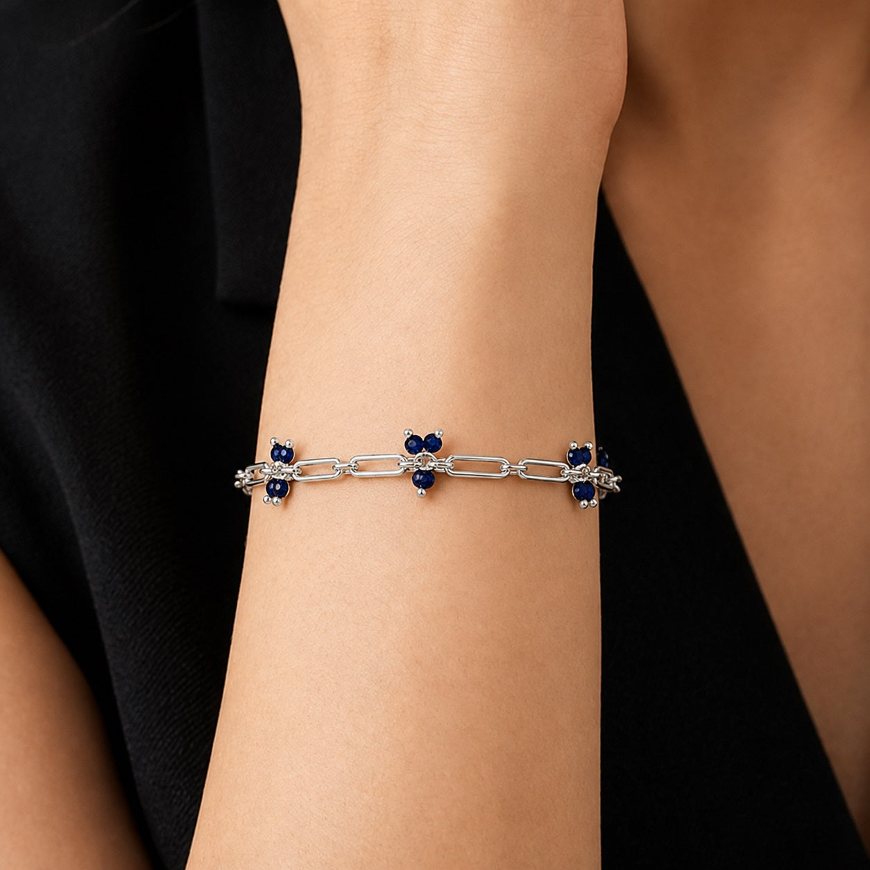 Blue Bead Paperclip Chain Bracelet - 925 Sterling Silver