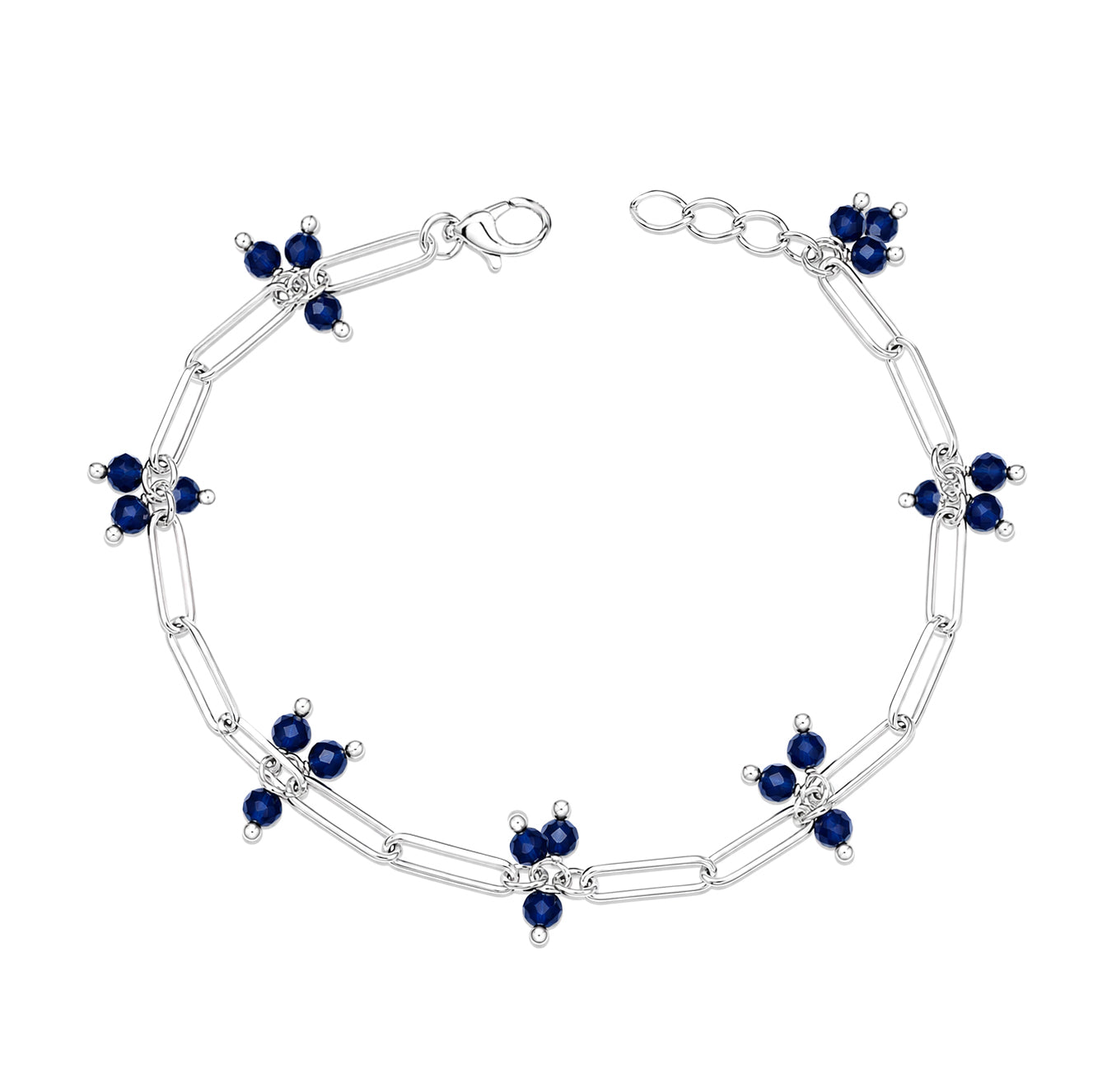Blue Bead Paperclip Chain Bracelet - 925 Sterling Silver