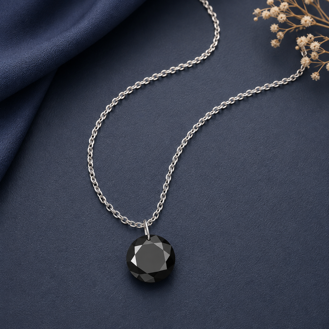 Round Black Spinel Solitaire Necklace - 925 sterling Silver