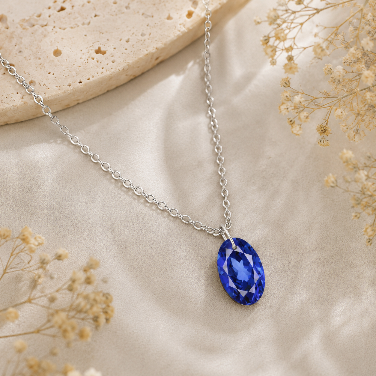 Oval Blue Sapphire Solitaire Necklace - 925 sterling Silver