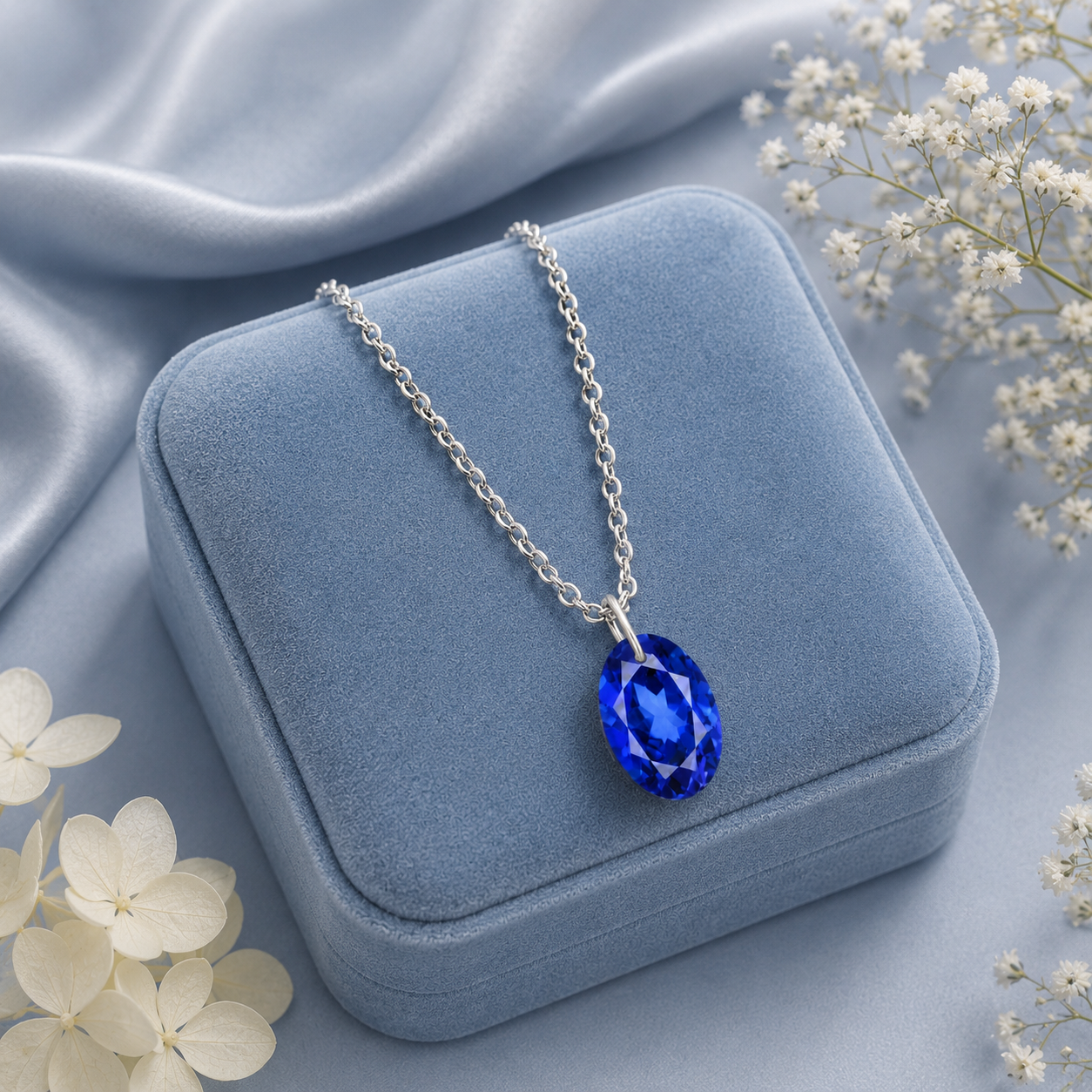 Oval Blue Sapphire Solitaire Necklace - 925 sterling Silver