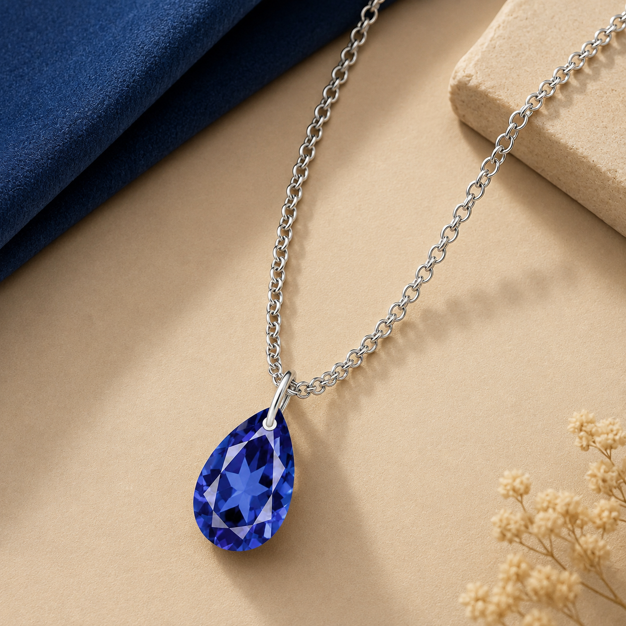 Pear Blue Sapphire Solitaire Necklace - 925 sterling Silver