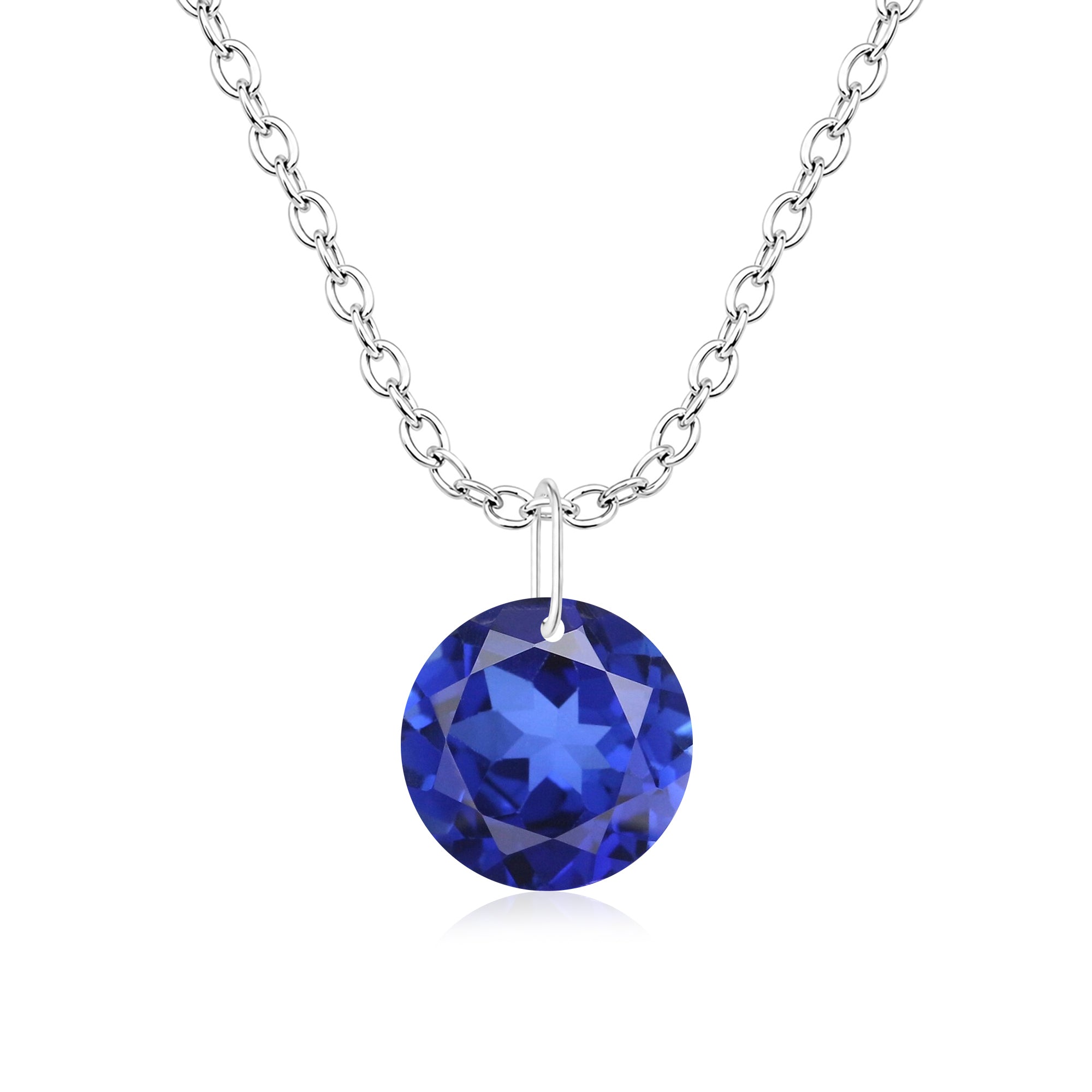 Round Blue Sapphire Solitaire Necklace - 925 sterling Silver